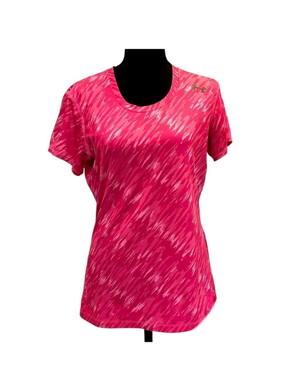Under armour heat gear pink printed fitted short sleeve V-neck Top Sz M